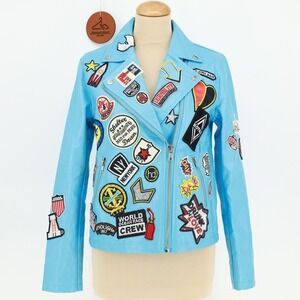 Hot & Delicious Light Blue Faux Leather Moto Jacket All Over Patches Size Medium
